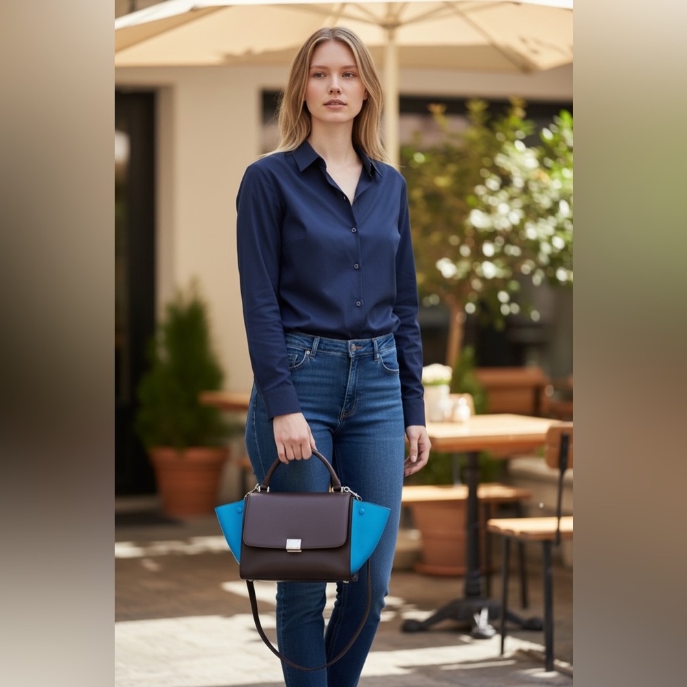 Celine Trapeze Medium Colorblock Brown Black Teal Suede Wings Phoebe Philo Era